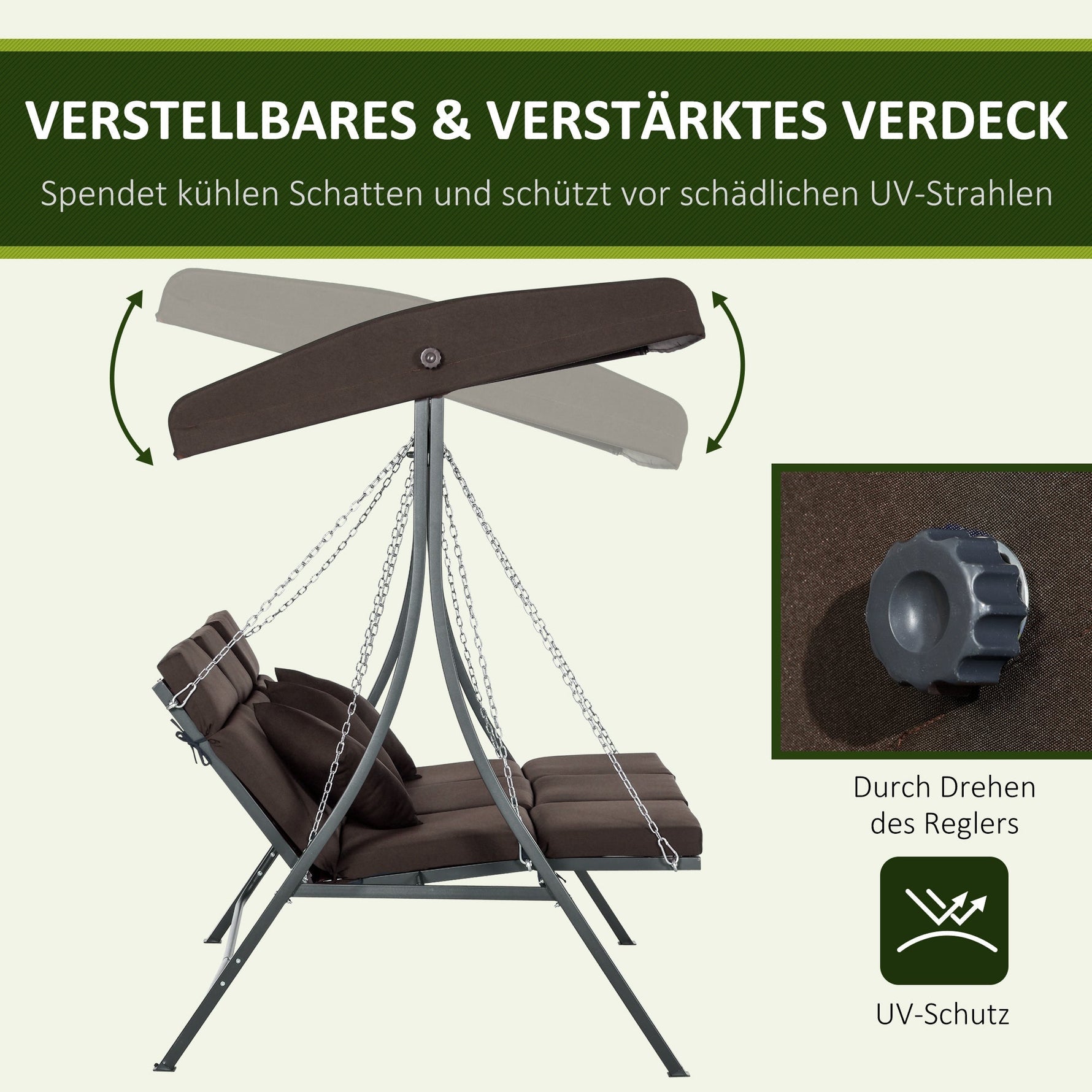Hollywood Swing 3-Seater Adjustable Sunshade & Cushions Metal/Textile Brown