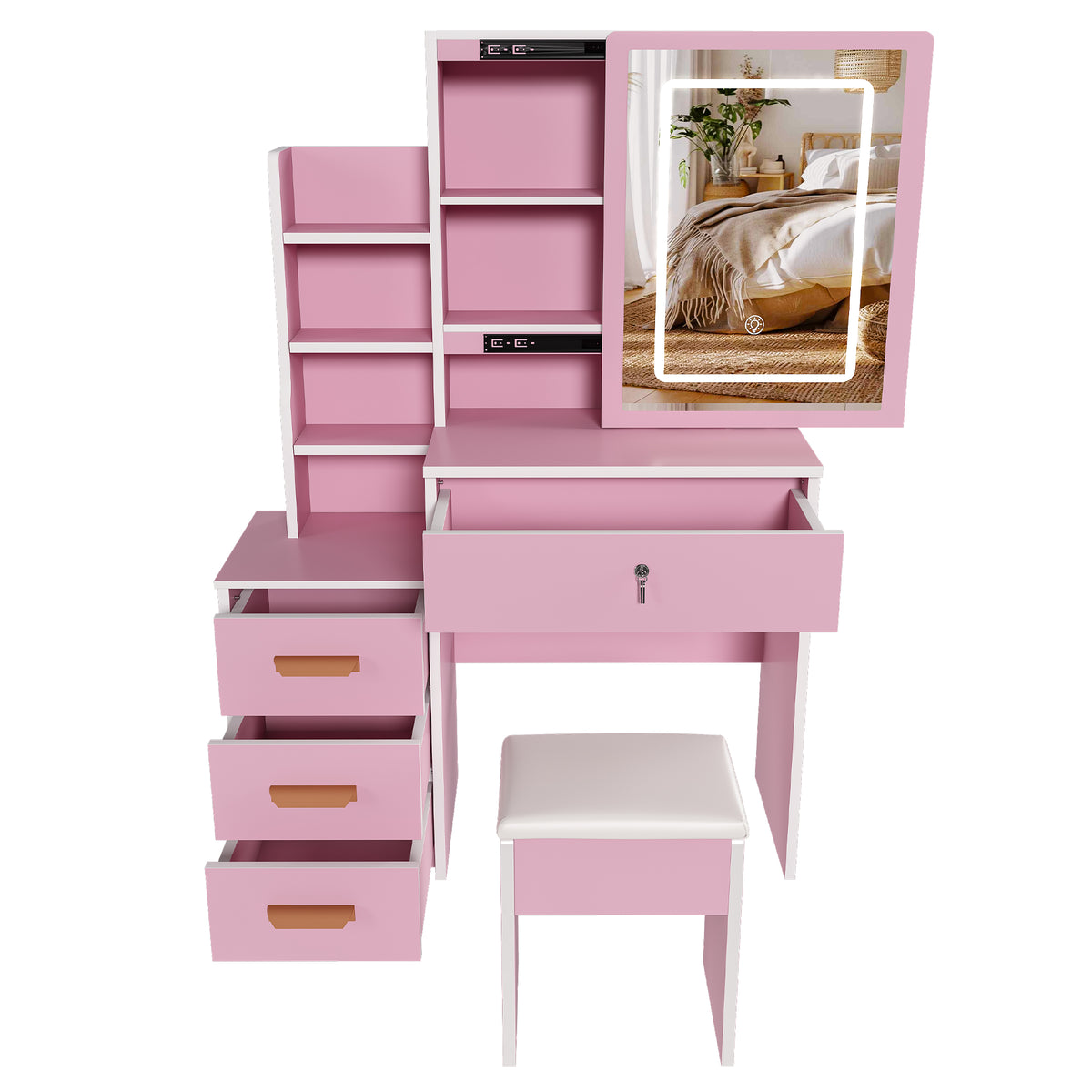 Dressing Table Set with LED Mirror, Stool & 4 Drawers, Pink