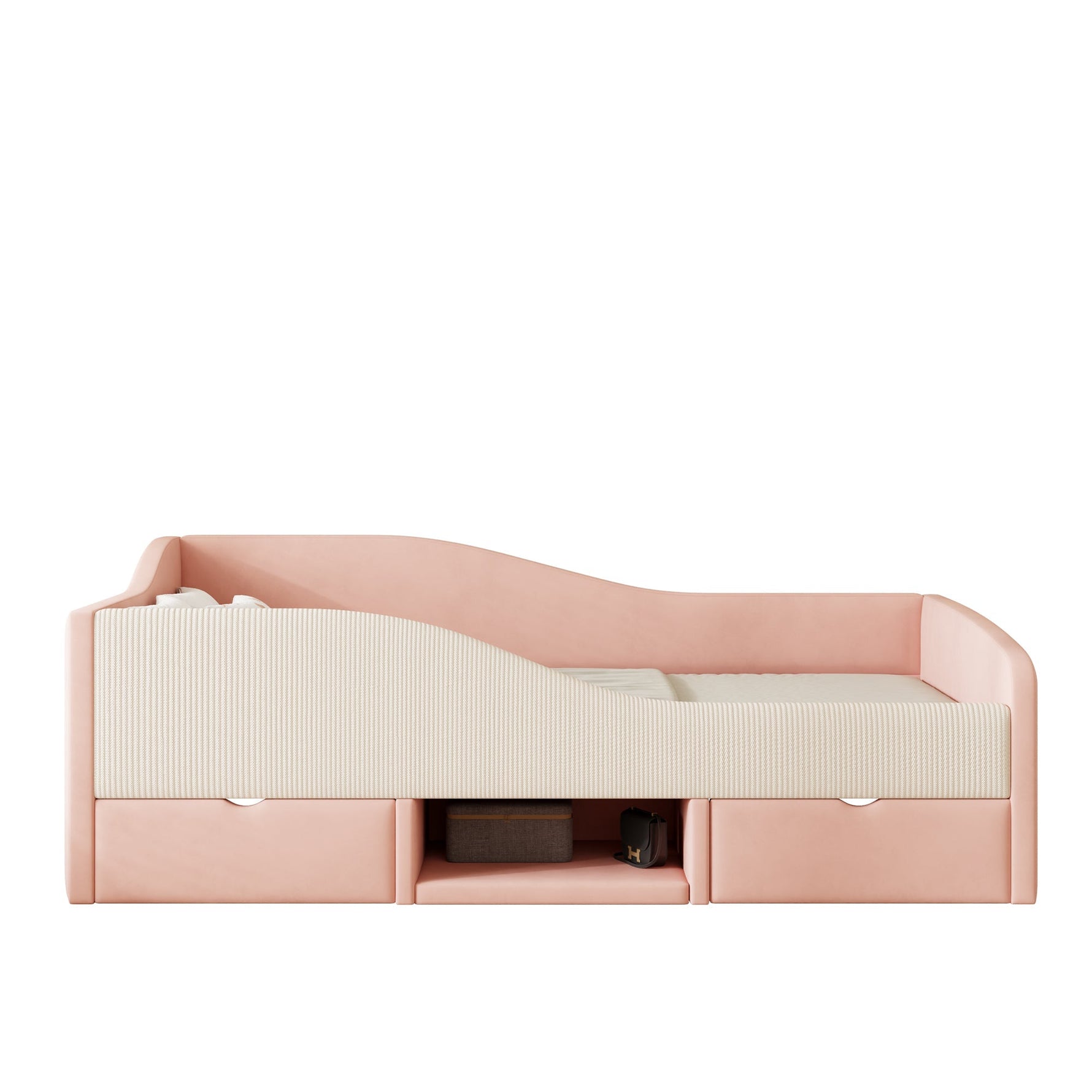 Upholstered Sofa Bed 90x190cm Multifunctional with Two Drawers and Railings Pink/Cream Velvet