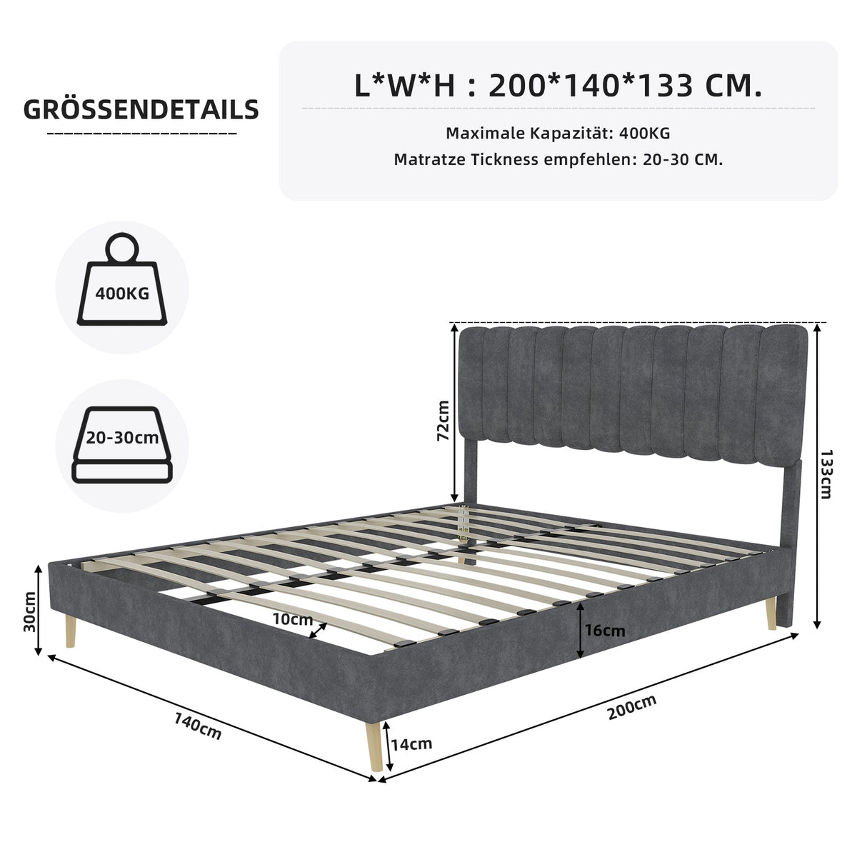 Upholstered Bed, Modern Minimalist Soft Headboard, 140x200cm Grey