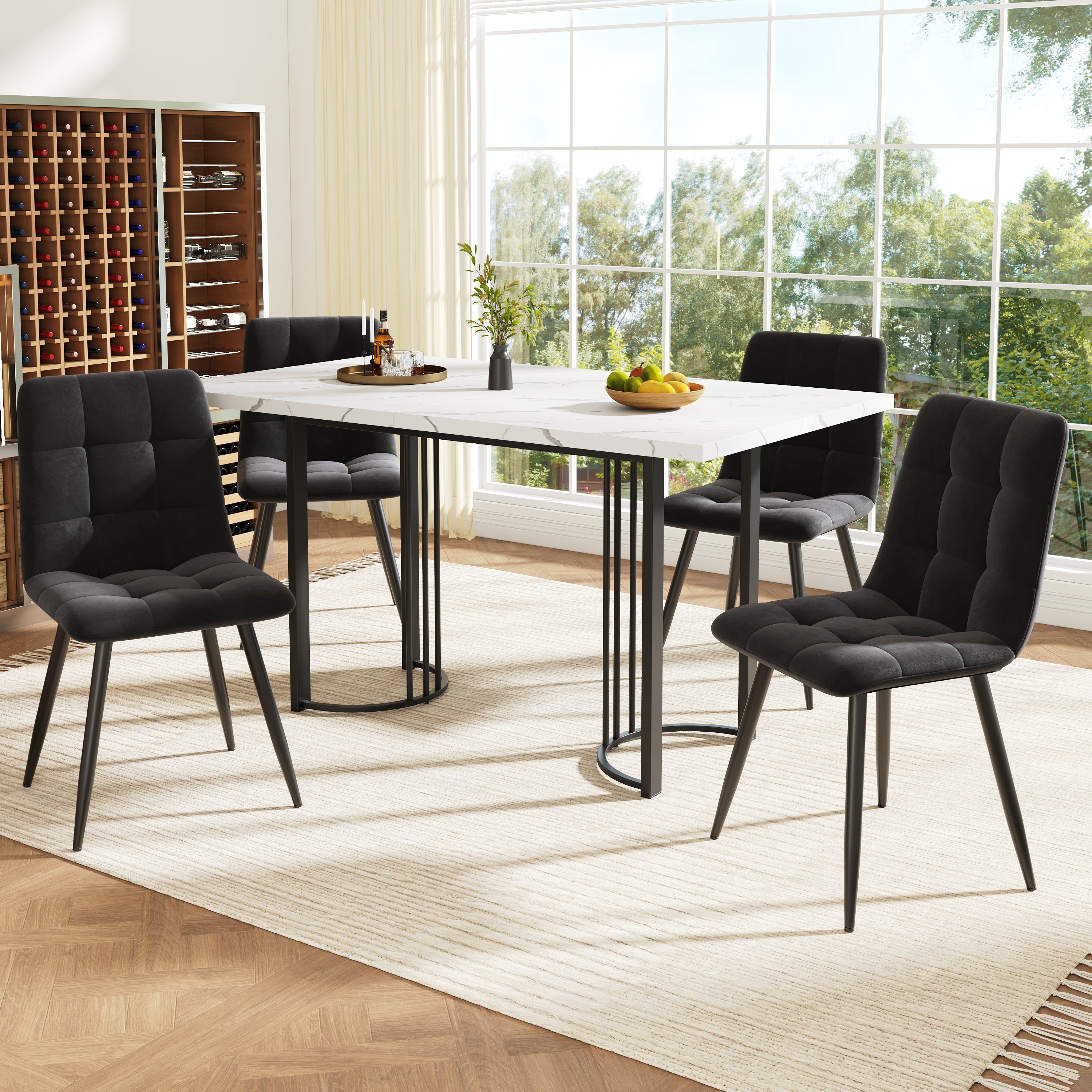 Dining Set Extendable 5-Piece Rectangular Table 4 Chairs - Black Velvet