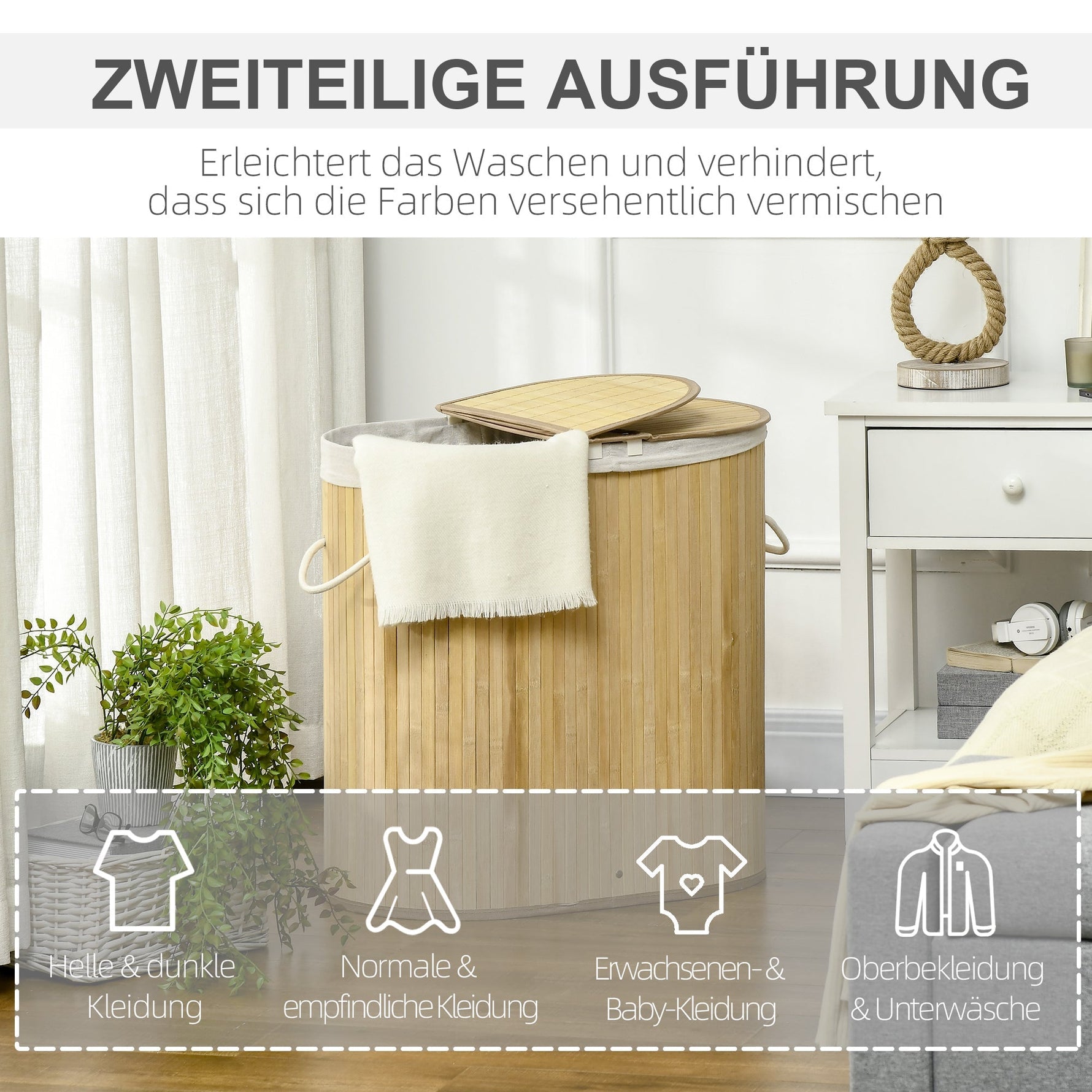 Laundry Basket Sorter 2-Section Removable Lid Natural Bamboo