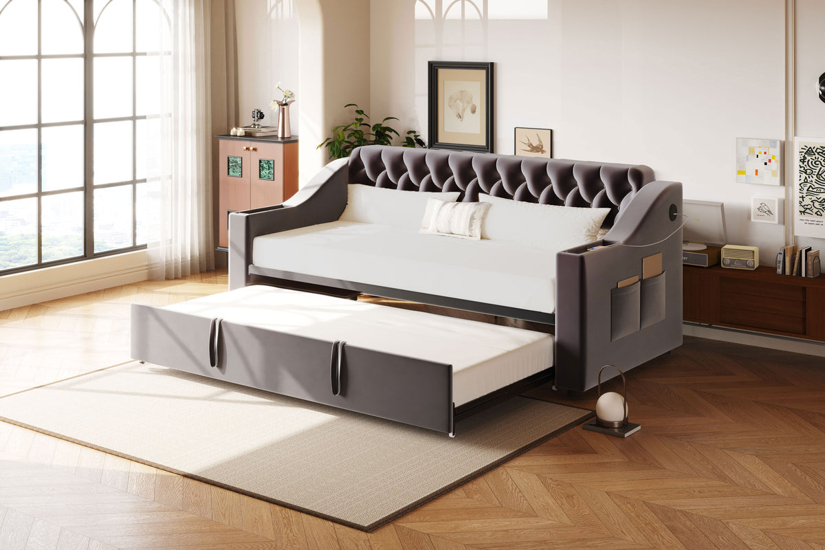 Upholstered Sofa Bed with USB & Storage, Dark Grey Velvet