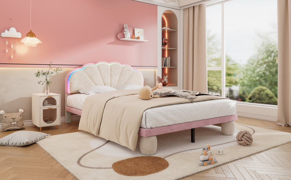 Upholstered Bed with Light Stripes, Scalloped Headboard & Round Legs, Velvet Beige+Pink