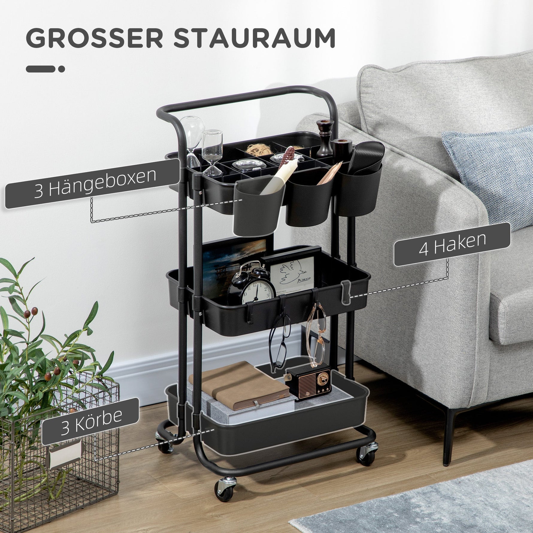 Serving Cart, 3-Tier Storage with Hooks, Steel Black