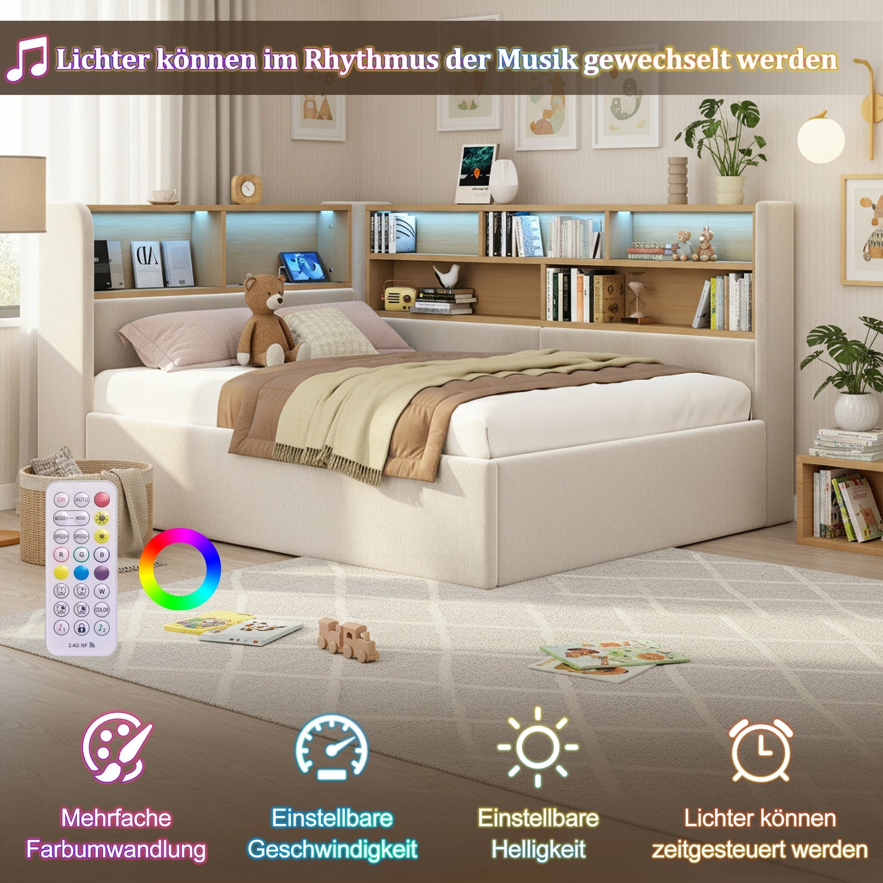 Daybed Upholstered Sofa Bed 90x200cm Hydraulic Storage LED USB Beige Velvet