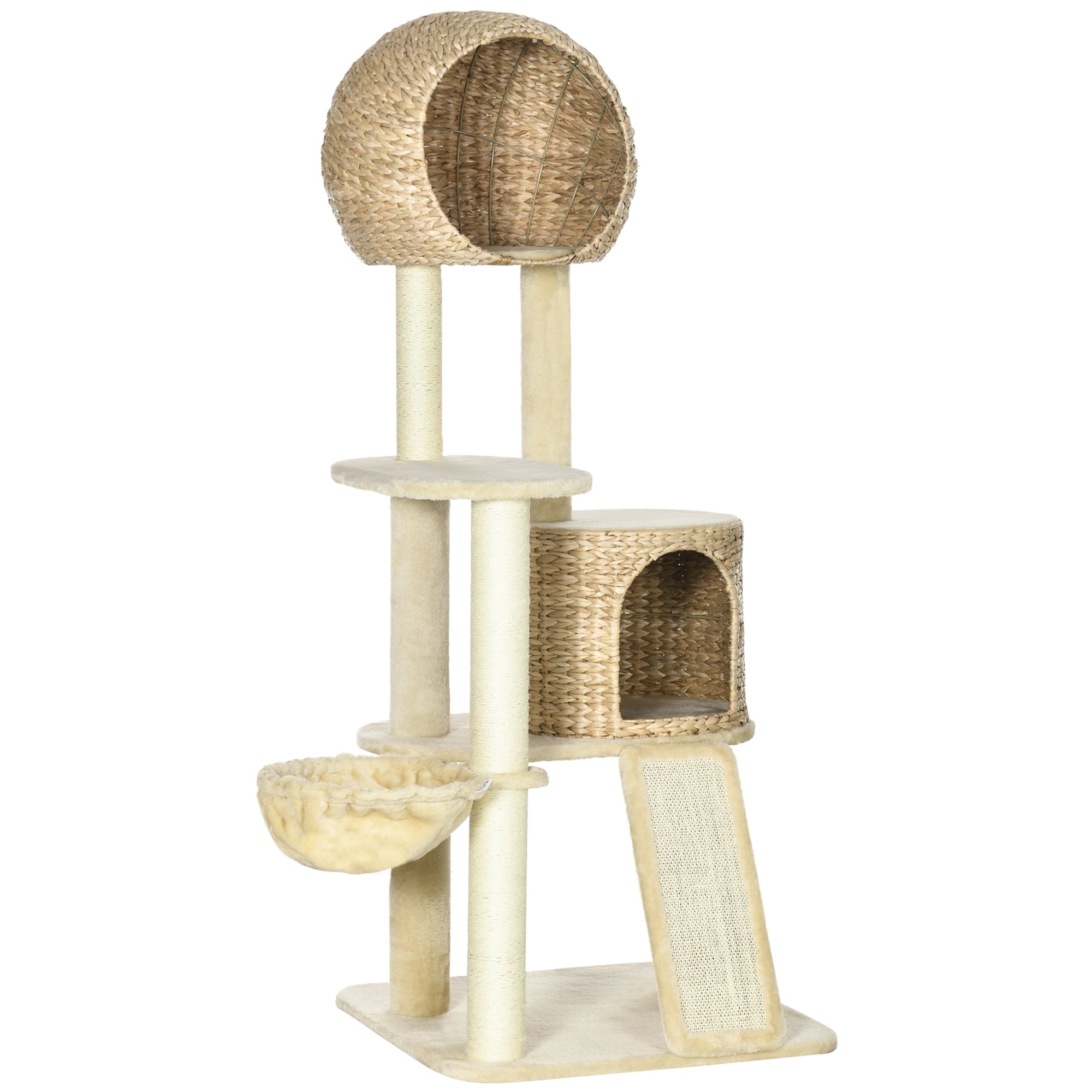Cat Tree Rattan Cat House, Multiple Platforms, Hammock, Ramp, Anti-tip, Plush Beige