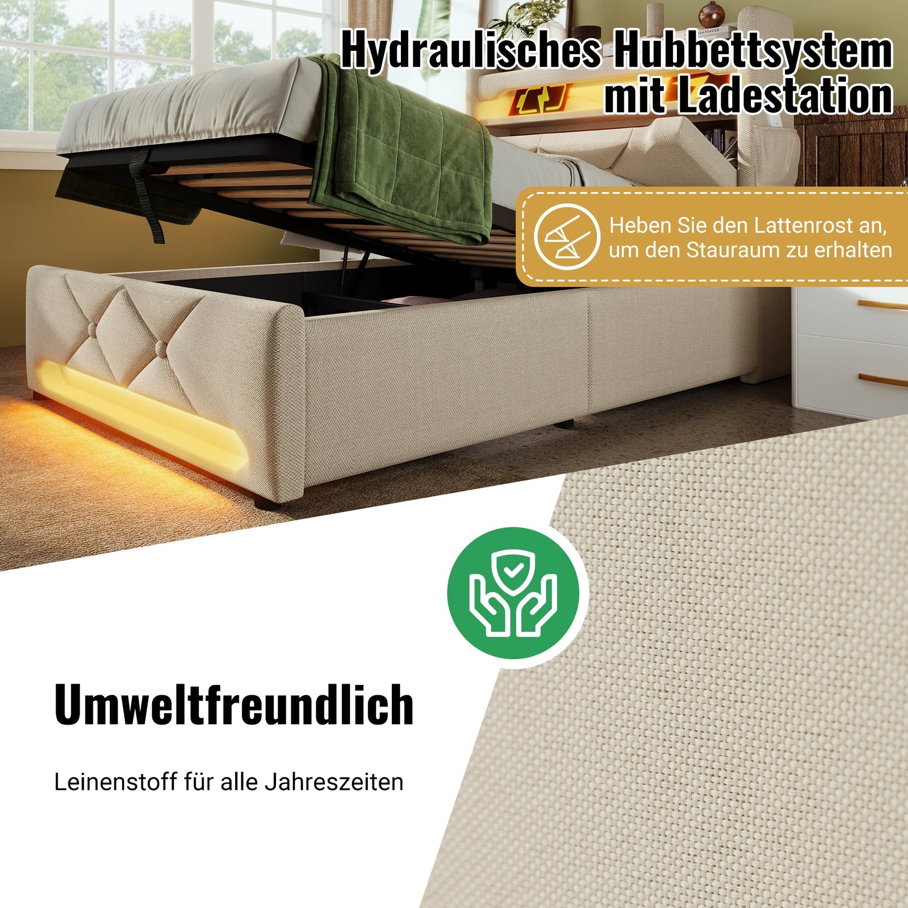 Upholstered Double Bed with Hydraulic Storage, USB Ports and LED Lighting, 140x190cm, Beige Linen