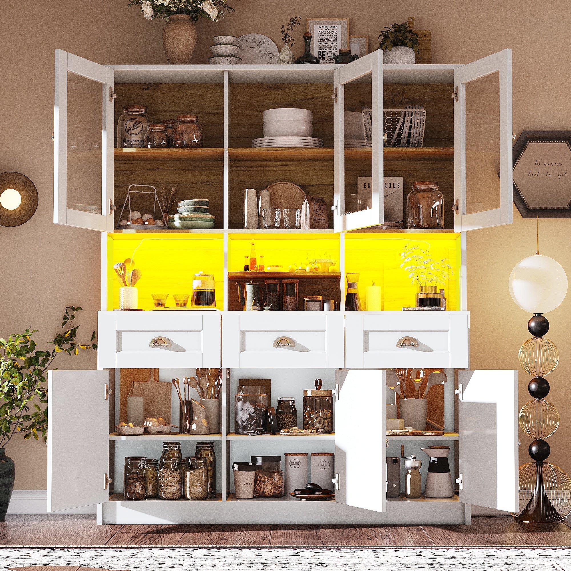 Tall Kitchen Cabinet 140x40x175cm Adjustable Shelves LED Lighting White/Black