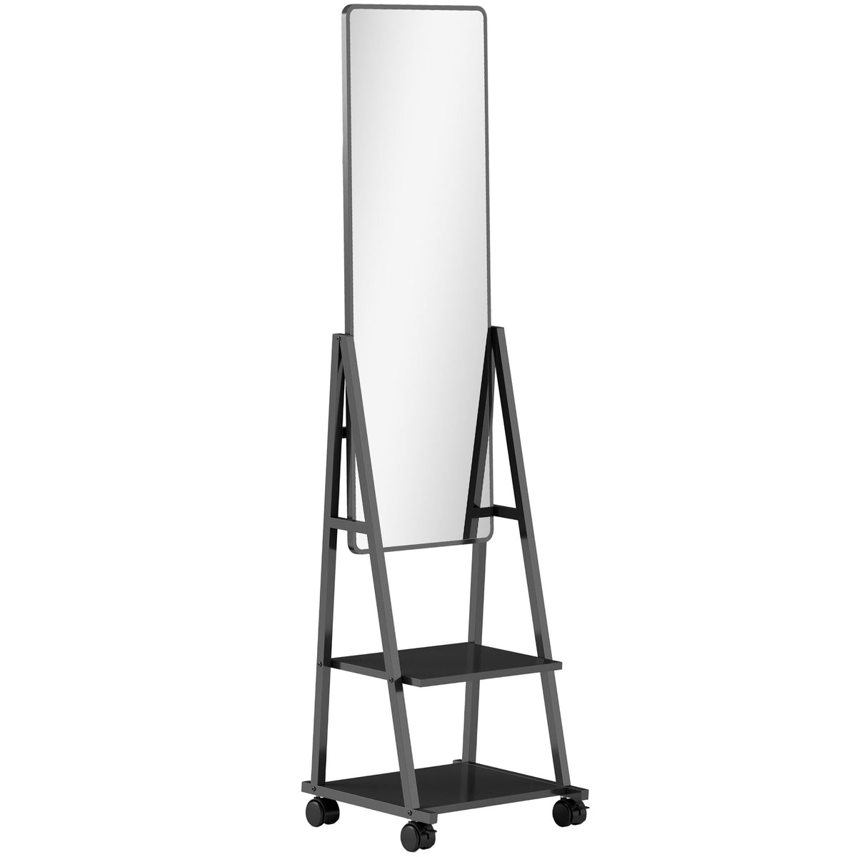 Full-Length Mirror, 42 x 155 cm with Shelf and Wheels, Black