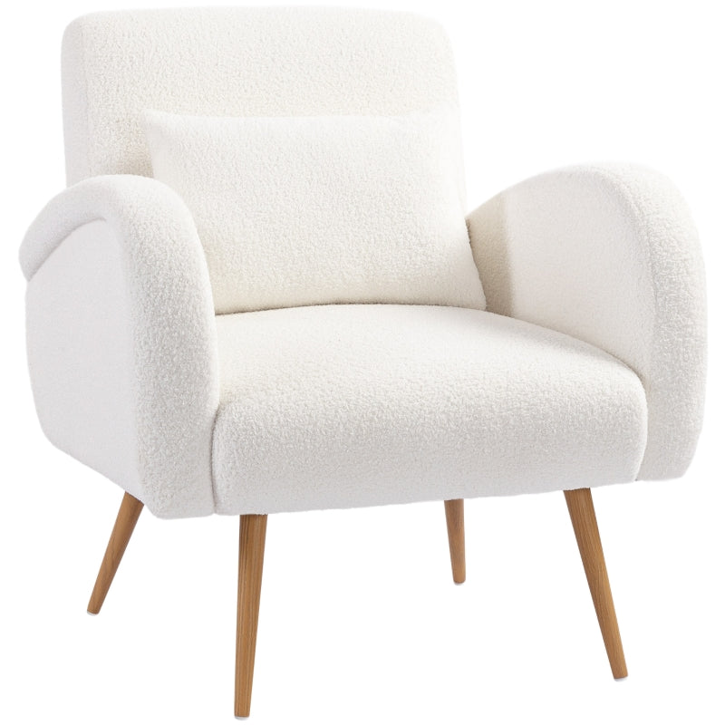 Upholstered Armchair, Padded with Lumbar Cushion and Metal Legs, Fleece, Cream White