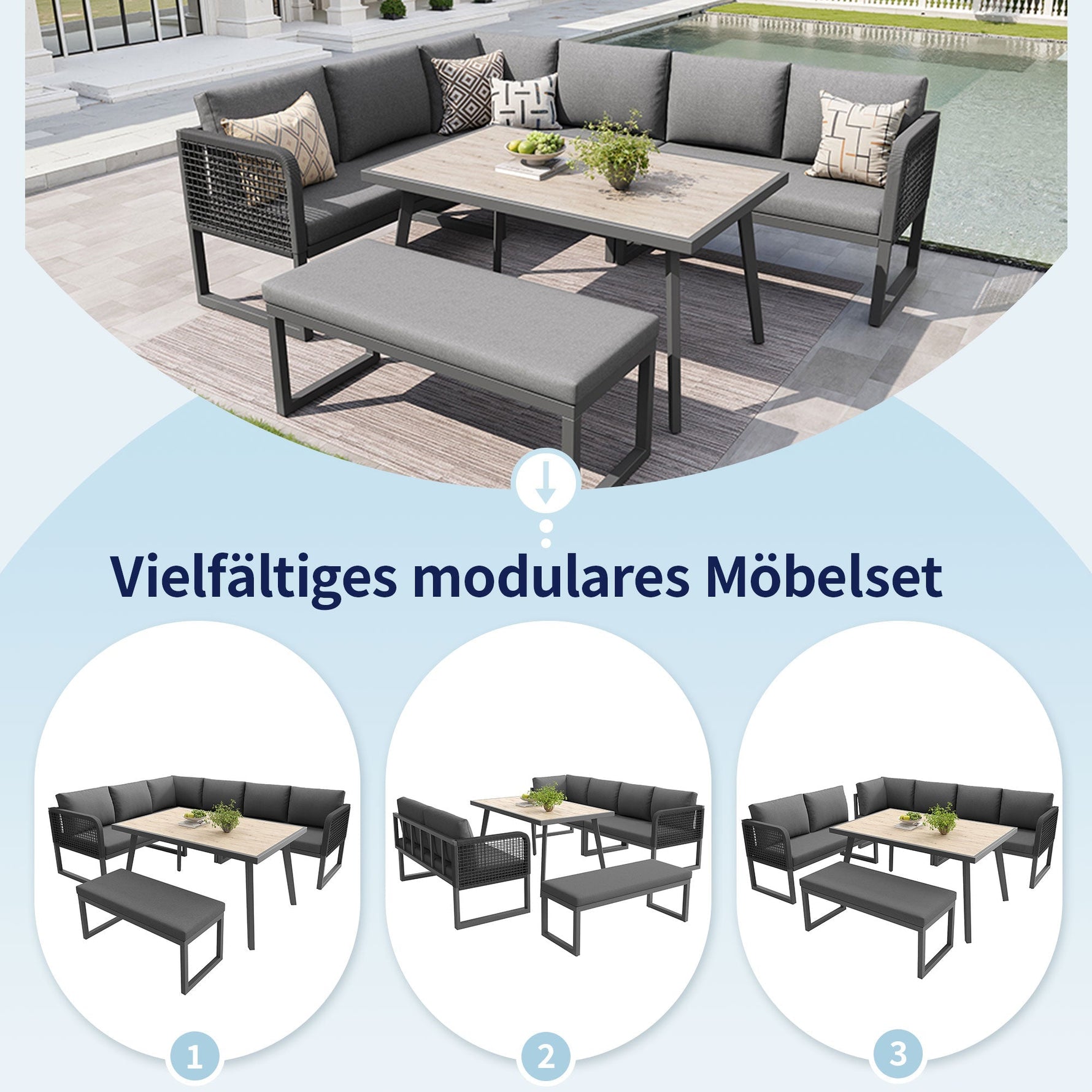 Patio Sofa Set 6-8 Seater Hand-Woven Rattan with Cushions - Grey