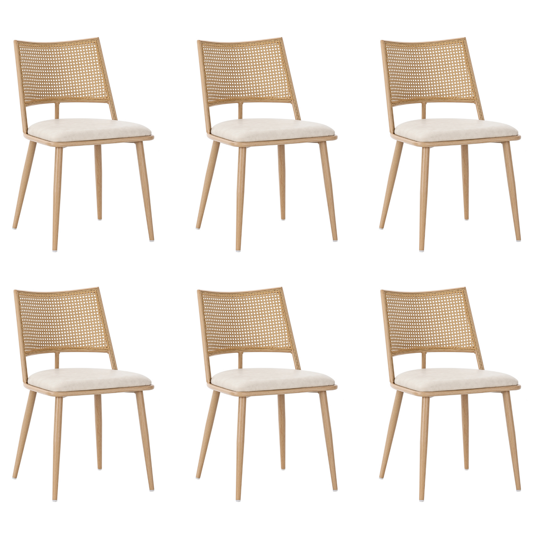 Dining Chairs Set of 6 with PU Seat and Rattan Backrest, Beige