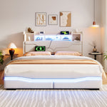 Upholstered Bed 160x200cm Hydraulic Storage Headboard with USB-C & LED Lights Beige