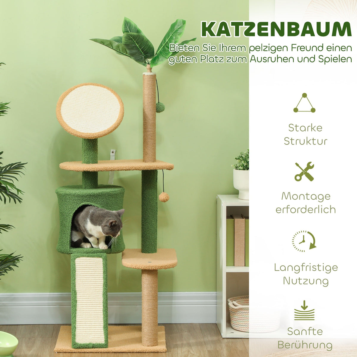 Cat Tree 139cm, with Cat Cave, Sisal Scratching Posts, Green
