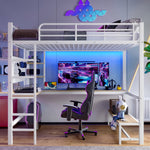 Loft Bed with Desk, USB Sockets, LED Strip and Pegboard, White Metal Frame