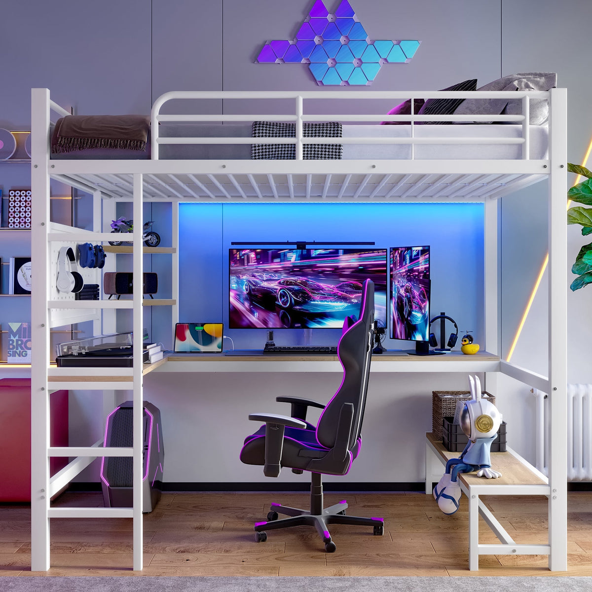 Loft Bed with Desk, USB Sockets, LED Strip and Pegboard, White Metal Frame
