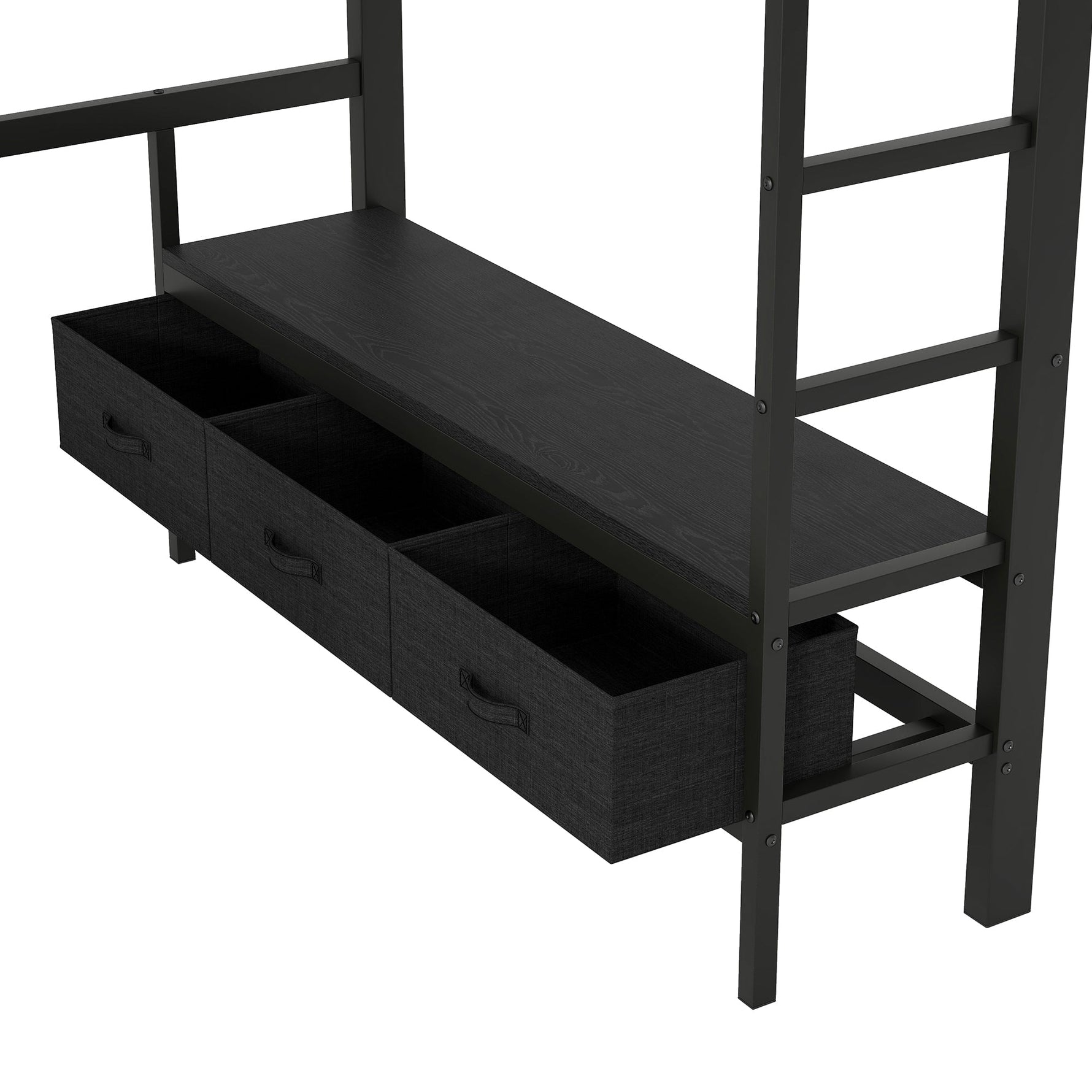 Metal Play Loft Bed with USB, LED, Desk and Wardrobe, 140x200cm, Black Metal