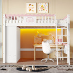 Bunk Bed with LED Lights, Wardrobe & Drawer, White Pine Wood