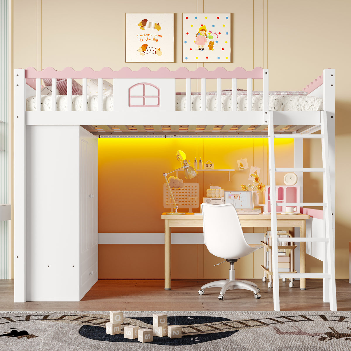 Bunk Bed with LED Lights, Wardrobe & Drawer, White Pine Wood