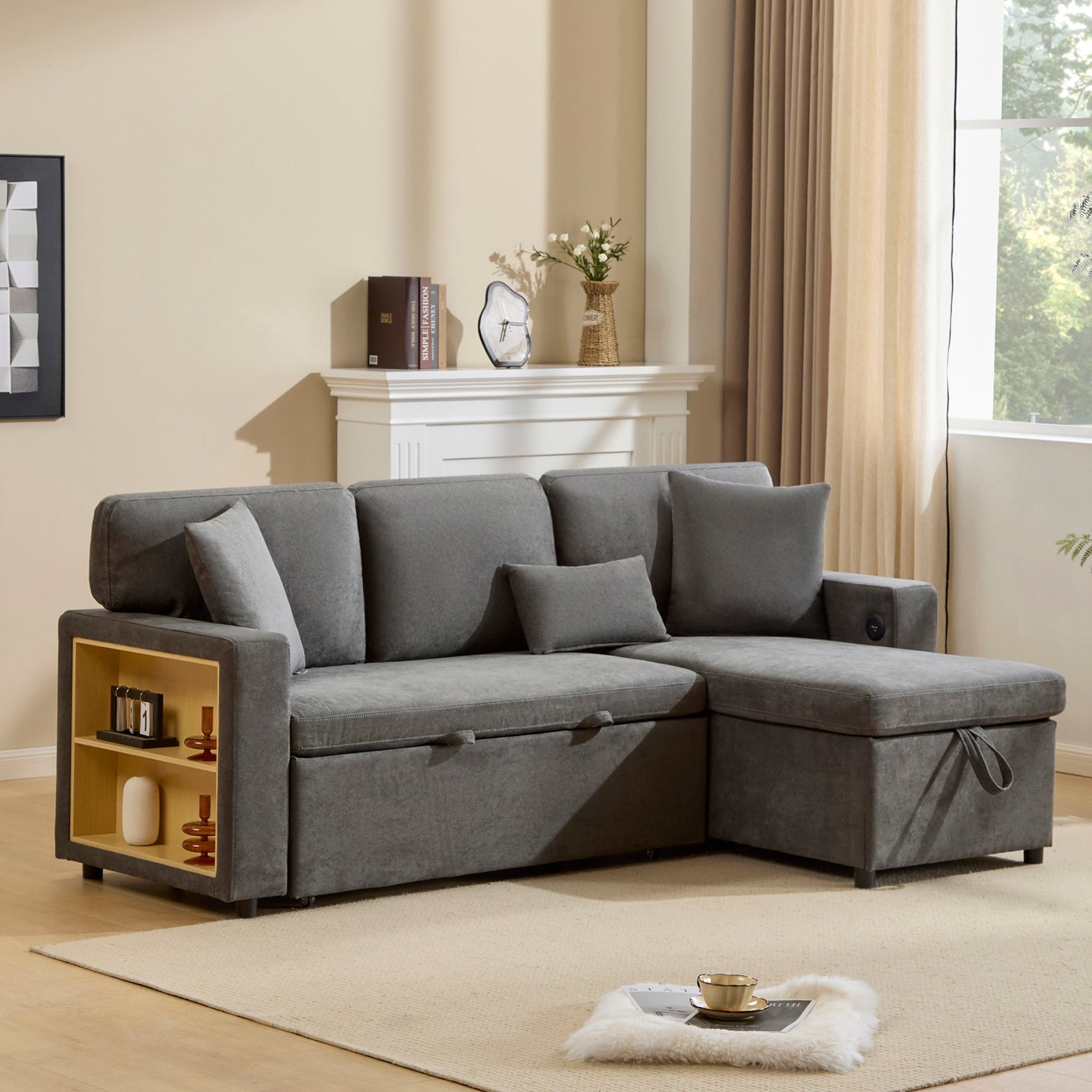 Corner Sofa Bed, L-Shaped Extendable with Storage & Shelf, Dark Grey