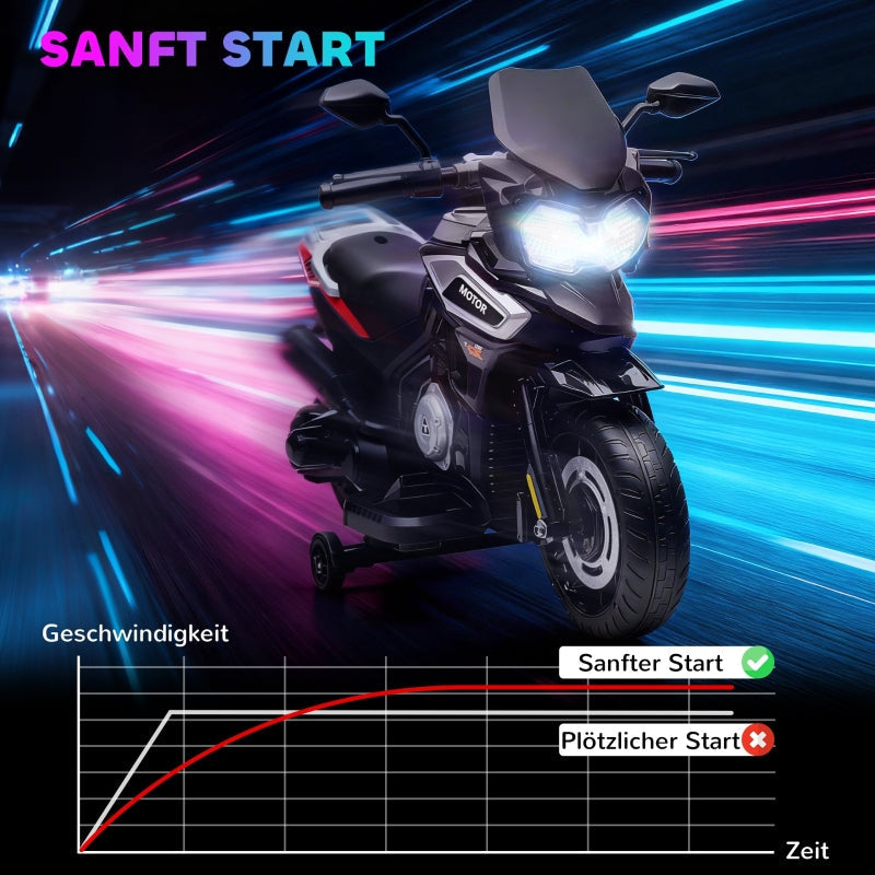 Electric Motorcycle for Kids with Training Wheels, Lights and Music, Black