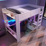 Loft Bed 140x200cm Gaming Desk LED Drawer Shelves - White