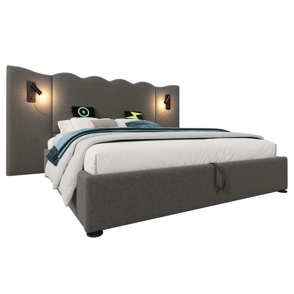 Upholstered Double Bed, 160×200, Reading Lamp, USB Type-C, Storage, Solid Wood & Metal, Grey Linen