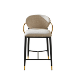 Set of 2 Bar Stools Adjustable Height Backrest Footrest - Chenille Light Brown/Black Gold