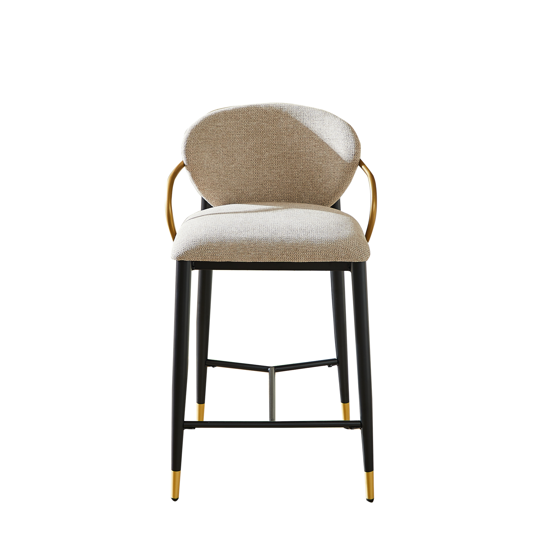 Set of 2 Bar Stools Adjustable Height Backrest Footrest - Chenille Light Brown/Black Gold