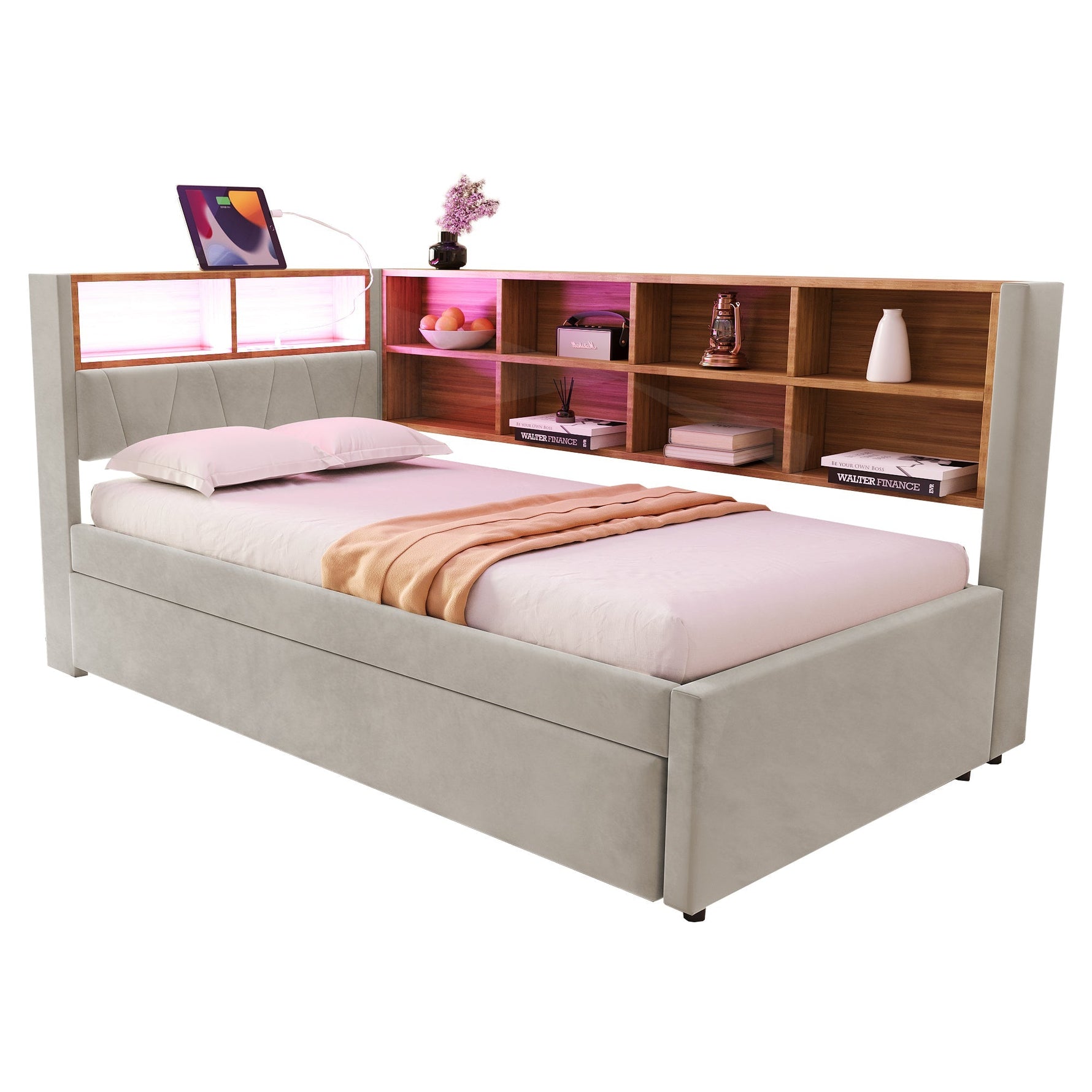 Sofa Bed 90x200 Pull-out LED Storage Flannel Light Grey