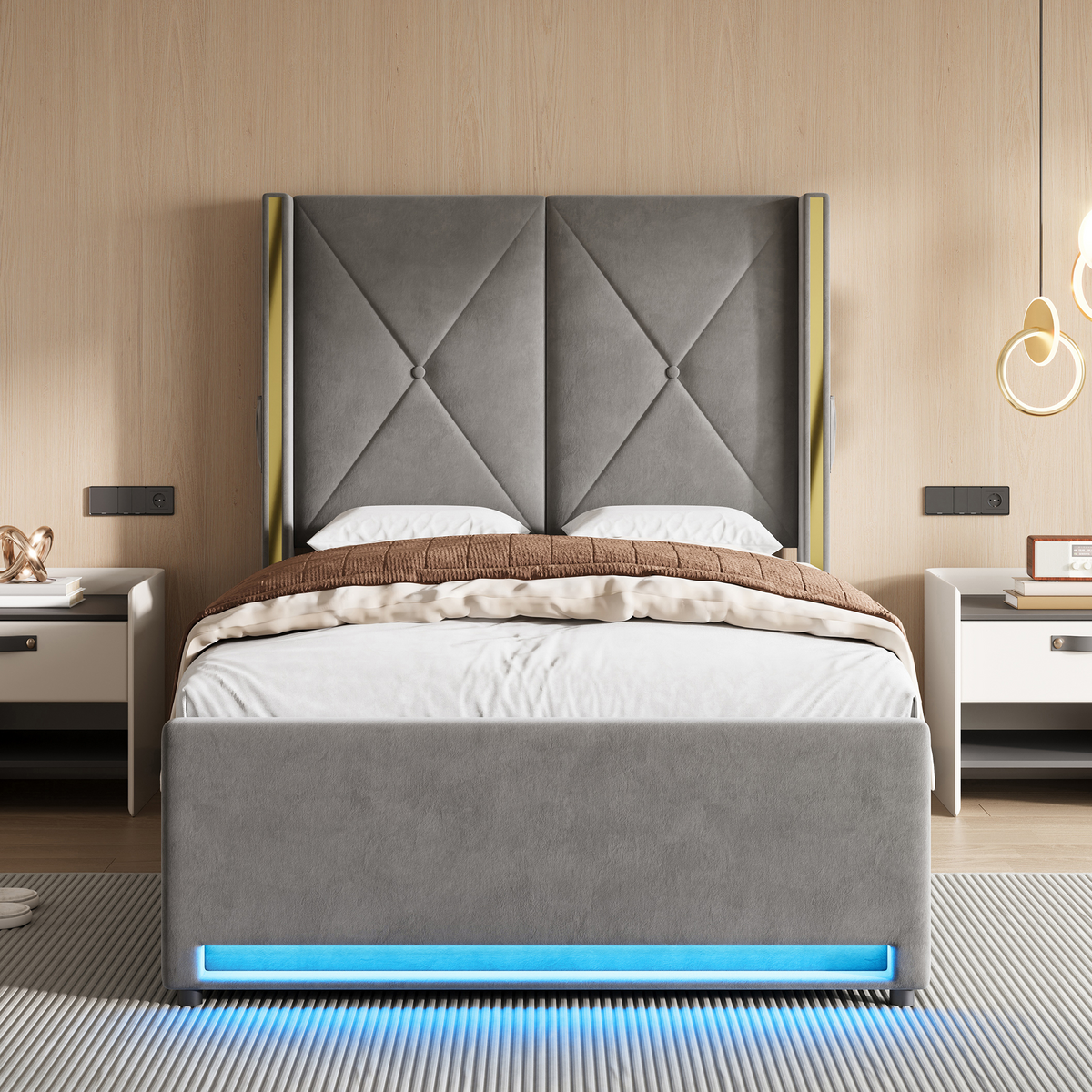 Storage Bed 90x200cm with LED, USB & Hydraulic Storage, Velour