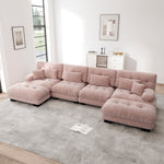 Modular Corner Sofa, U-shaped 4-Seater with Movable Ottoman, Pink Chenille