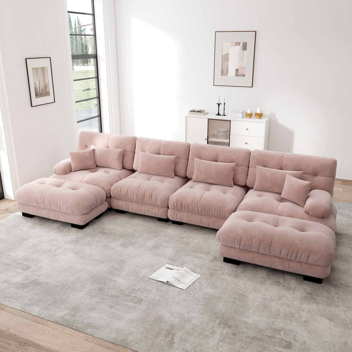 Modular Corner Sofa, U-shaped 4-Seater with Movable Ottoman, Pink Chenille