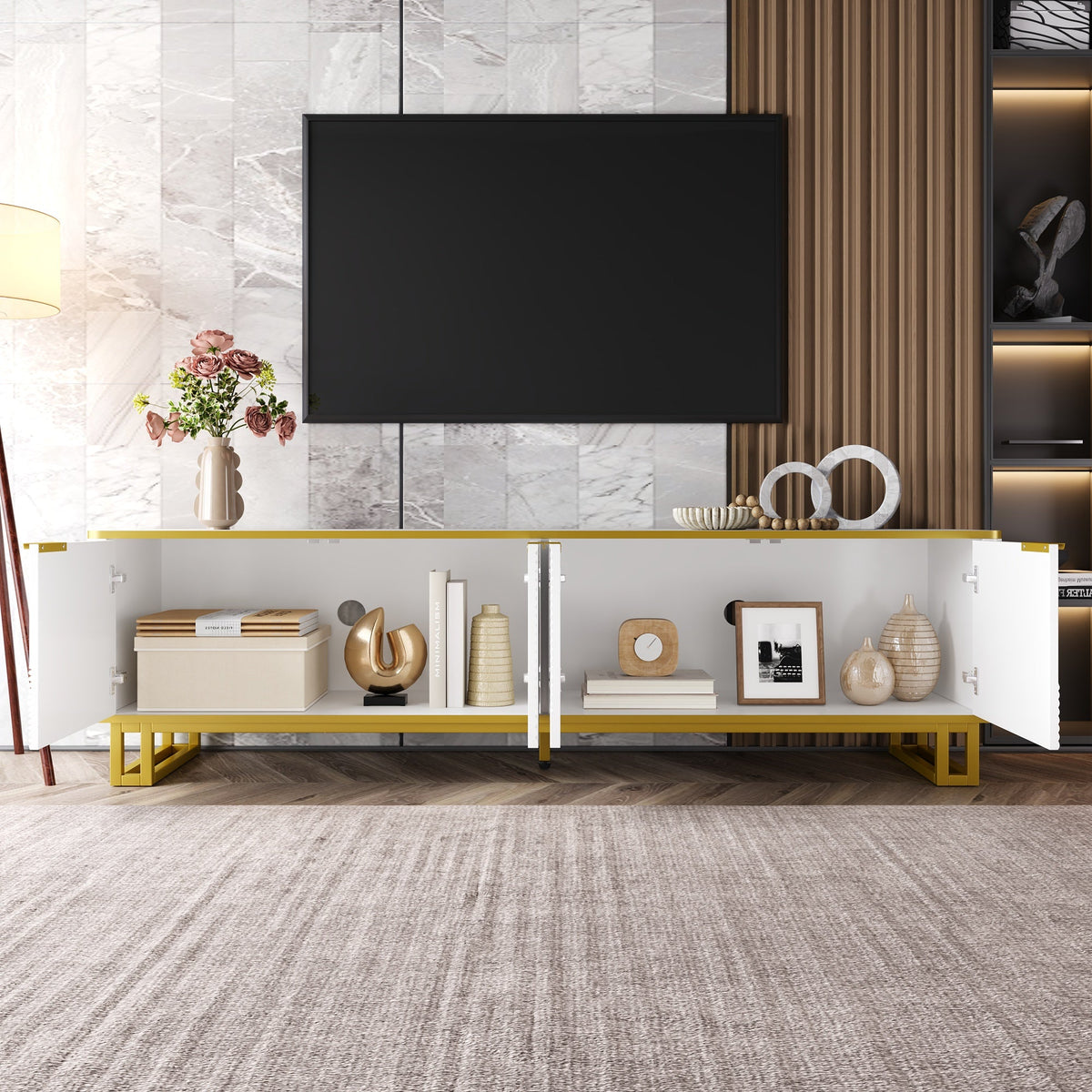 TV Cabinet Four Doors Geometric Texture 160x37.5x48cm White