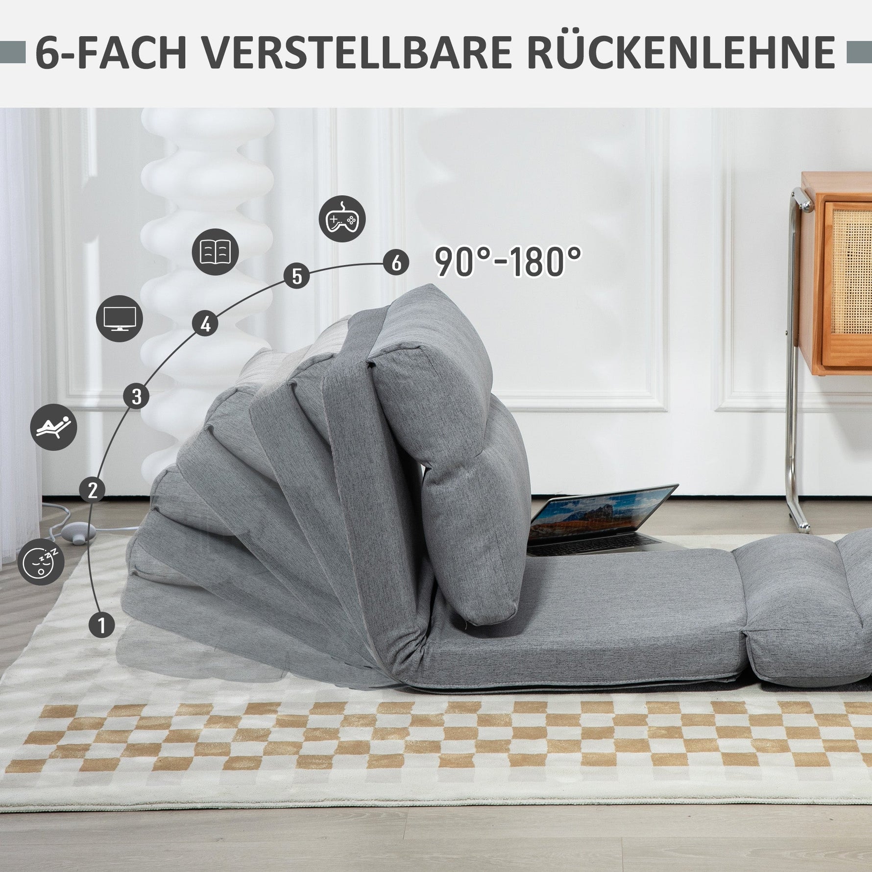 Folding Floor Chair, 6-Position Adjustable Backrest Bed Function Thick Cushion, Linen Look Grey
