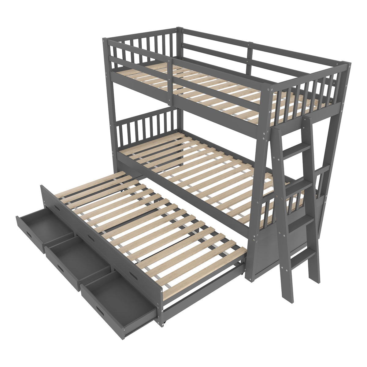 Bunk Bed House Bed 90x200cm Pull-out Bed Ladder and 3 Drawers Grey