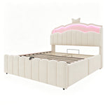 Upholstered Children Bed 140x200 Storage & LED, Beige Velvet