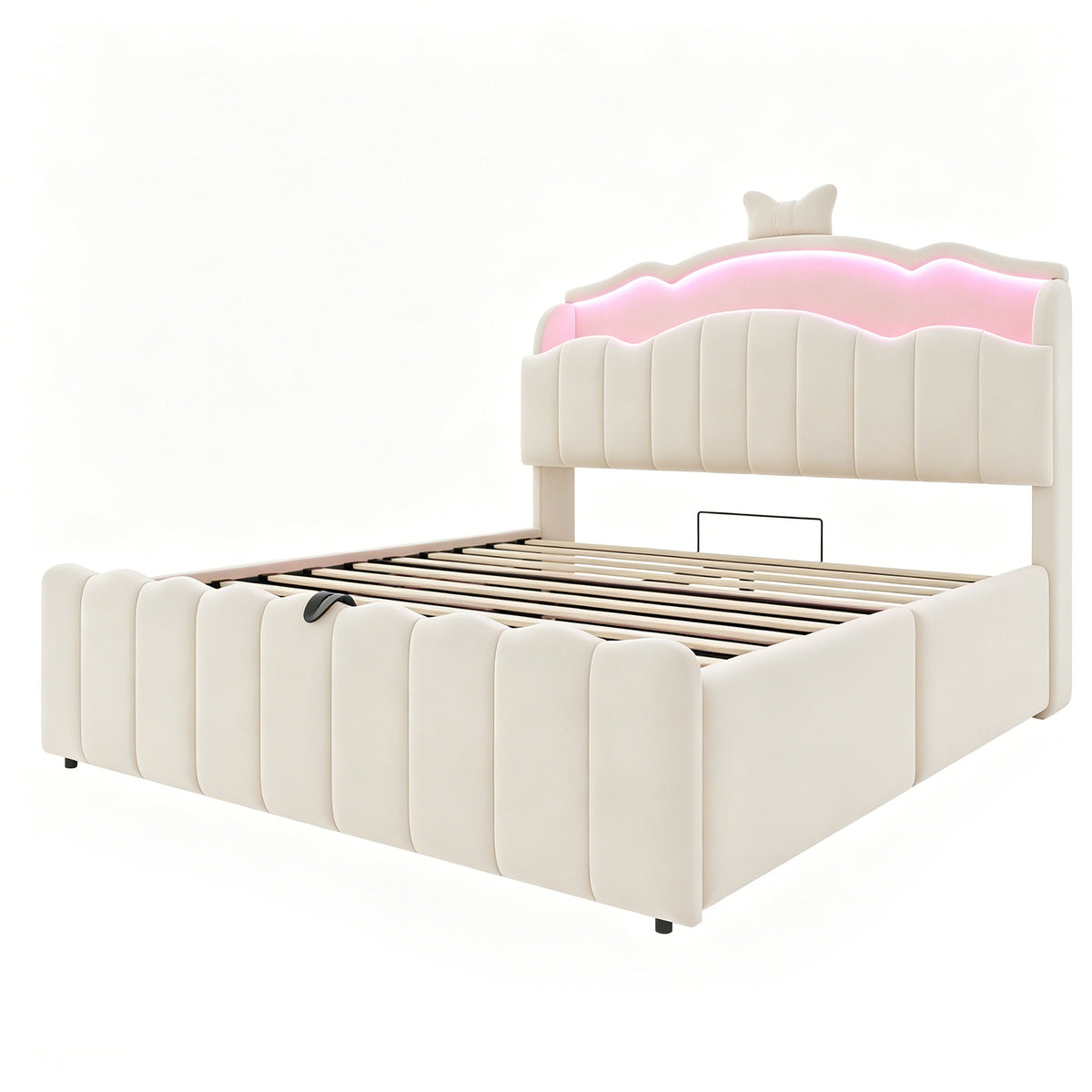 Upholstered Children Bed 140x200 Storage & LED, Beige Velvet