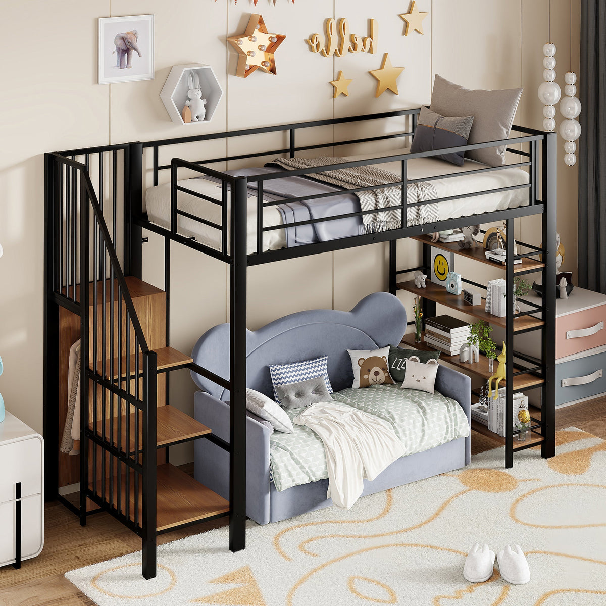 Loft Bed, 90x200 with Safety Stairs & Storage Wardrobe, Black