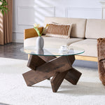 Round Coffee Table 79cm Tempered Glass Top Deep Legs - Walnut Wood Grain MDF