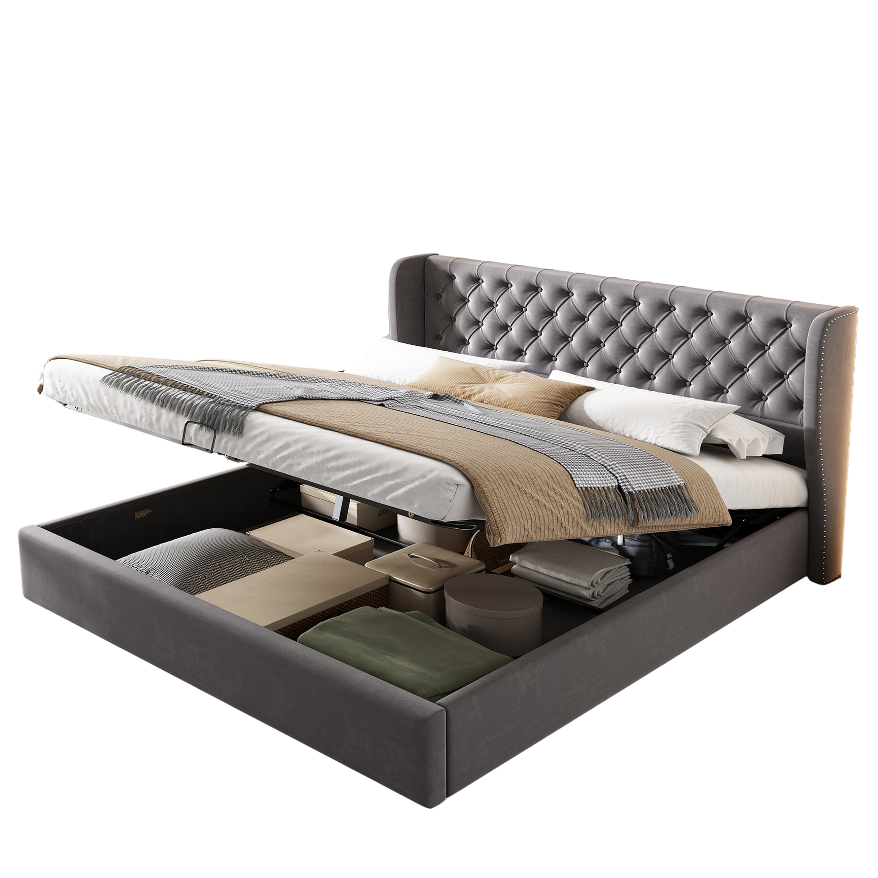 Upholstered Bed 160x200cm Ear-Shaped Hydraulic Storage Slatted Frame - Velvet Grey