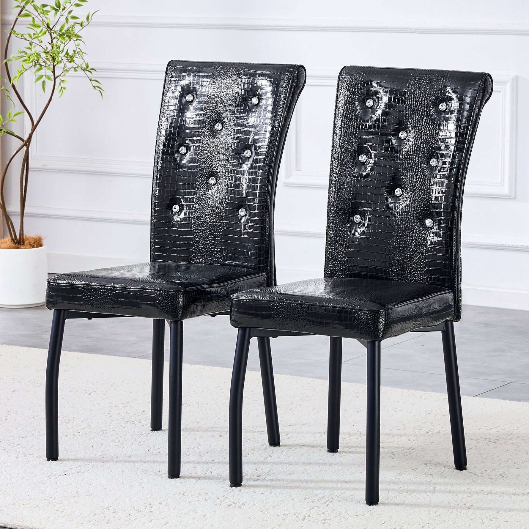 2 Dining Chairs Vintage Crocodile Faux Leather Crystal Clasp - Black