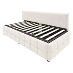 Upholstered Single Sofa Bed 90x200cm Hydraulic Storage Check Pattern - Beige Velvet
