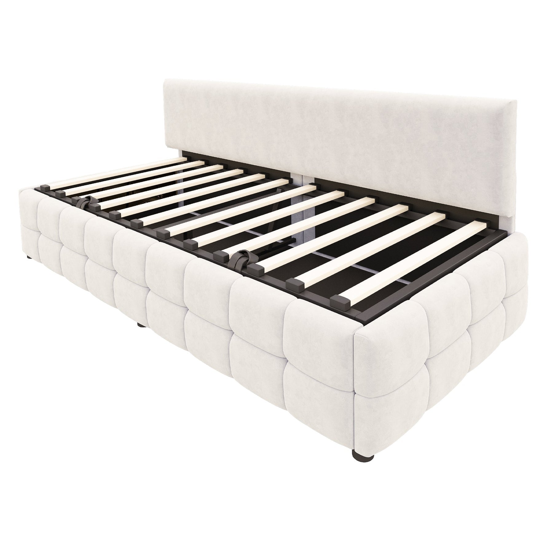 Upholstered Single Sofa Bed 90x200cm Hydraulic Storage Check Pattern - Beige Velvet