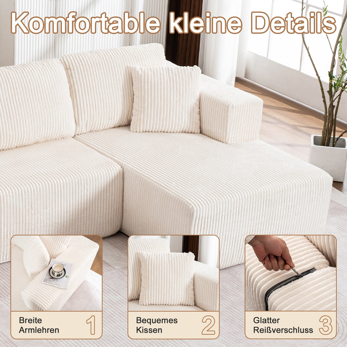 Modern U-Type Leisure Sofa with Modular Non-Assemble Design and Lounge Chairs, Lamp Fabric