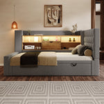 Upholstered Bed with Pull-Out Bed and LED Storage Headboard, Grey Linen