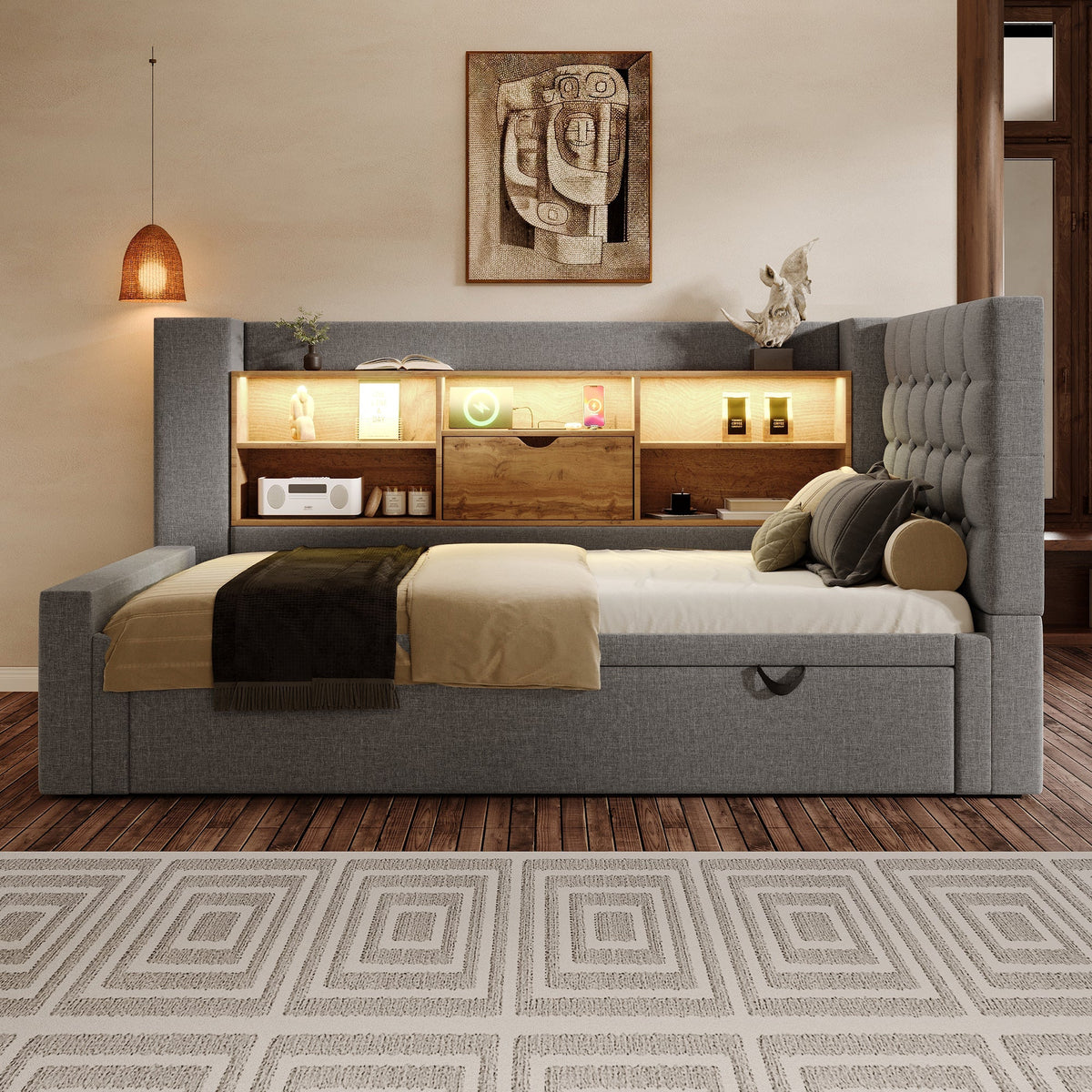 Upholstered Bed with Pull-Out Bed and LED Storage Headboard, Grey Linen