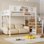 Metal Loft Bed 140x200cm with Storage Ladder & Desk, White Metal Frame