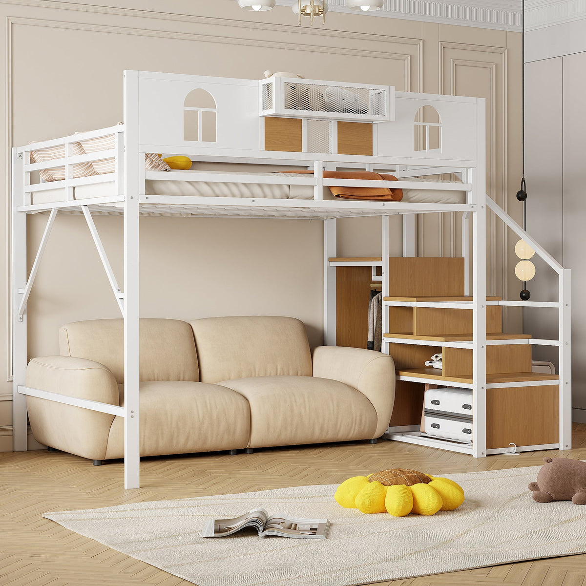 Metal Loft Bed 140x200cm with Storage Ladder & Desk, White Metal Frame